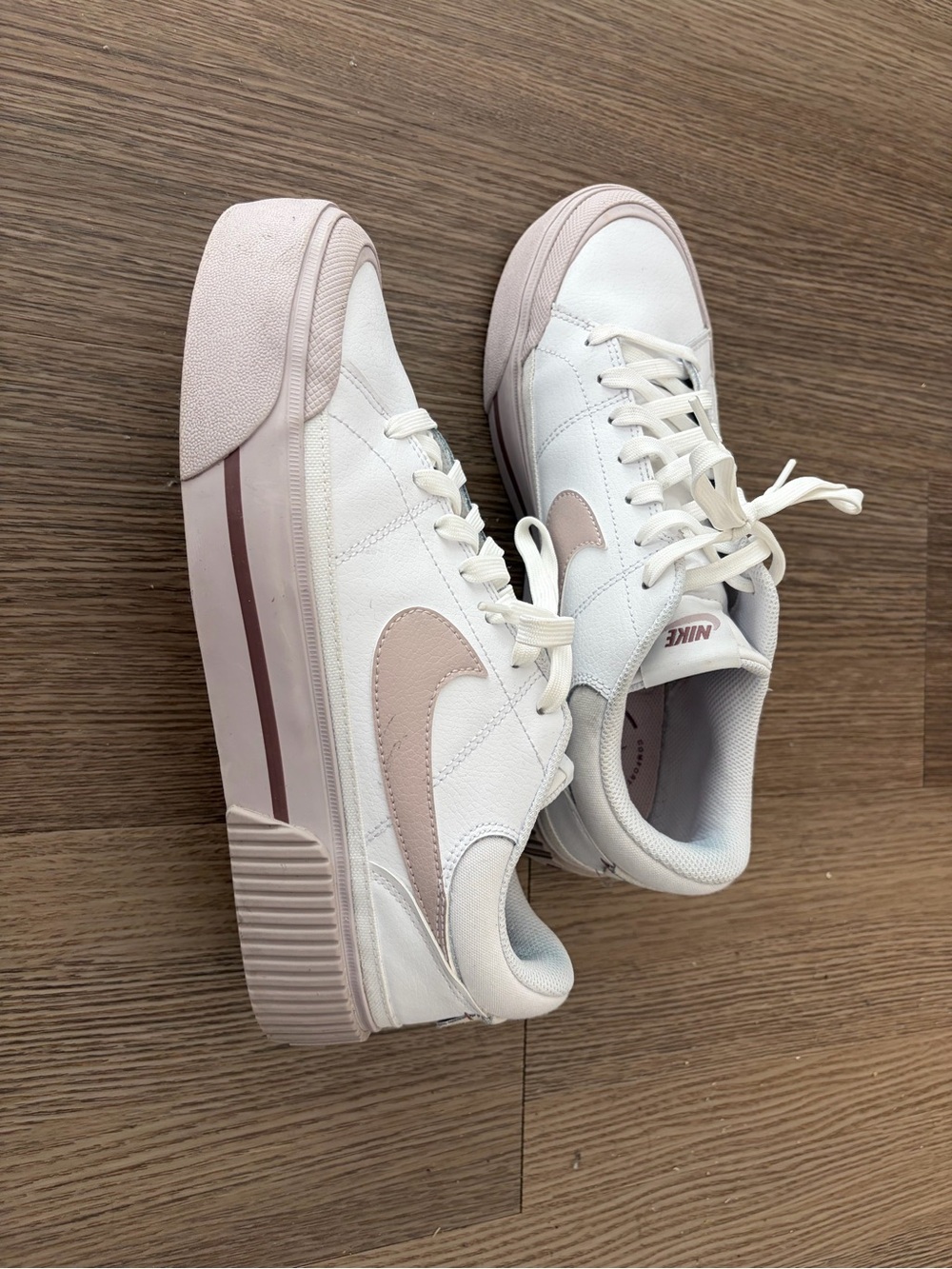 Nike Women’s White Sneakers with Blush Pink Swoosh